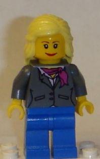 LEGO Minifigure-Dark Bluish Gray Jacket with Magenta Scarf, Blue Legs, Bright Light Yellow Female Hair Mid-Length-Town-TWN119-Creative Brick Builders